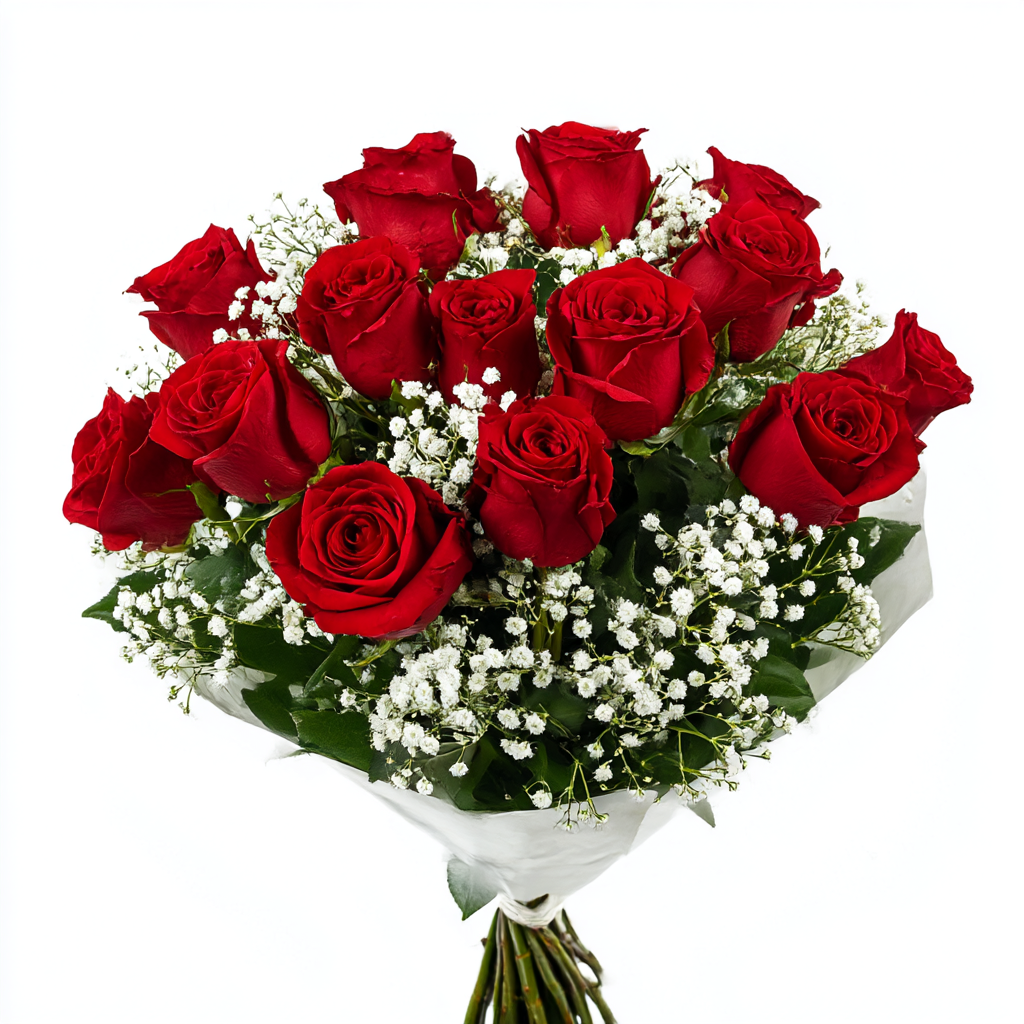 זר ורדים אדומים עם גיבסנית לבנה